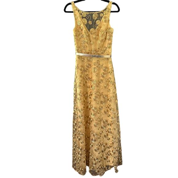 Theia Gold Geometric Circle Swirl Sleeveless Gown Dress Size 4 Holiday Formal - Picture 1 of 11